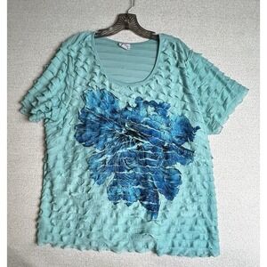 Jaclyn Smith Womens Green Blue Floral Print Short Sleeve Ruffle Top Size 3X Chic